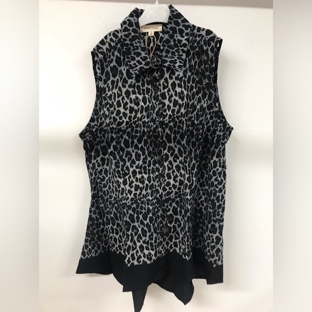 Women's Sleeveless Collar Button Down Animal Print Dress Shirt Blouse Vest S M L